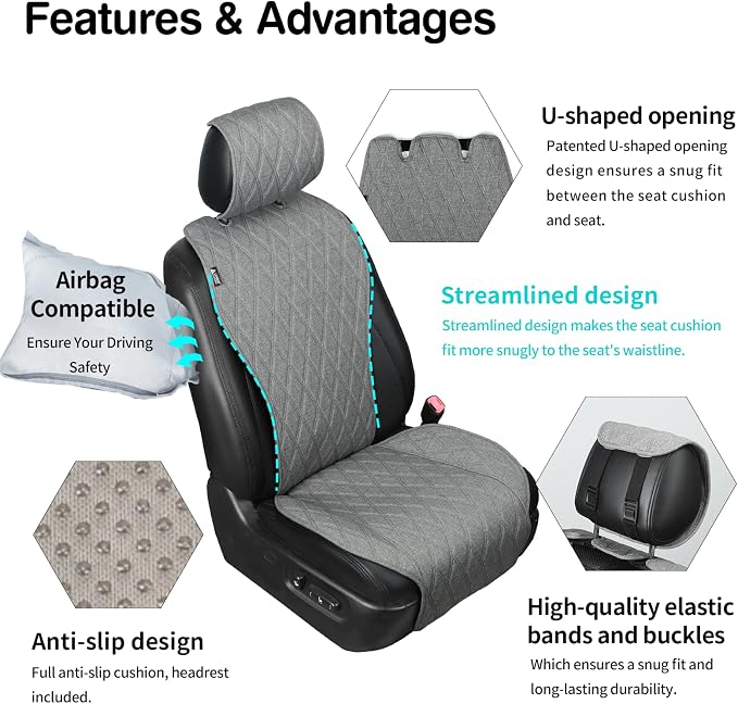 Leader Accessories 2pcs Sideless Front Seat Covers for All Seasons, Grey | Breathable Faux Linen Seat Cushions, Non-Slip Bottom With Headrest Protectors, Universal Fit For Car Van SUV Pickup Truck - Image 5