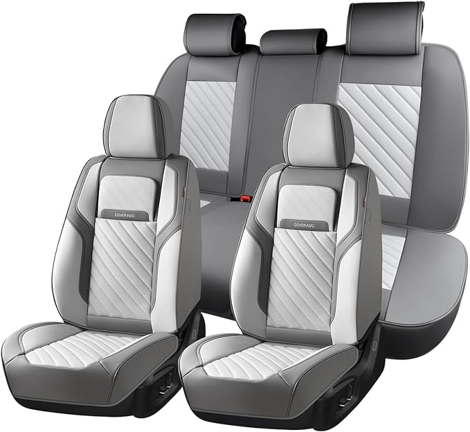 Coverado Car Seat Covers Full Set 5 pieces, Luxury Nappa Leather Seat Covers Universal Fit Waterproof Non-Slip Breathable Front & Back Automotive Seat Protectors for Cars, SUVs, Trucks by COVERADOAUTO