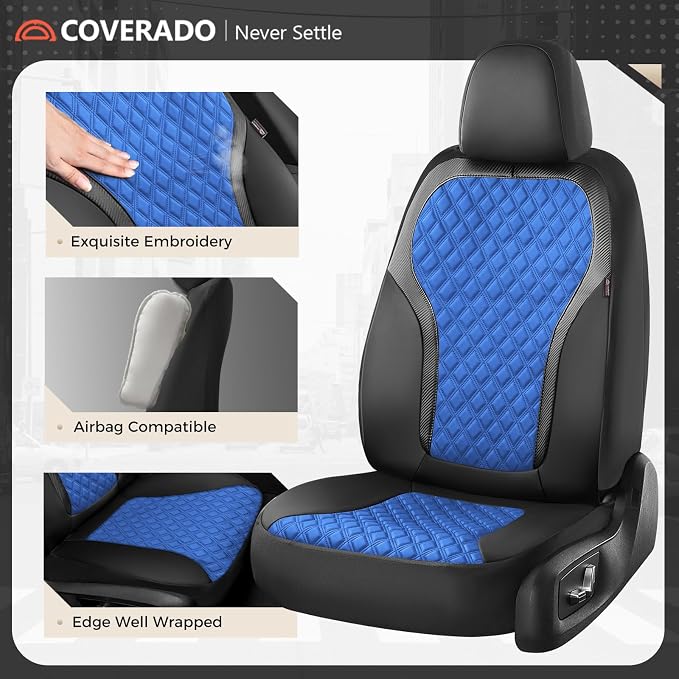 Coverado Automotive Seat Covers, Front Leather Car Protectors 2-Pack, Spill-Proof Seamless Car Seat Cushion, Black&Blue Car Seat Cover, Driver Seat Covers Universal Fit for SUV, Truck, Sedan - Image 2