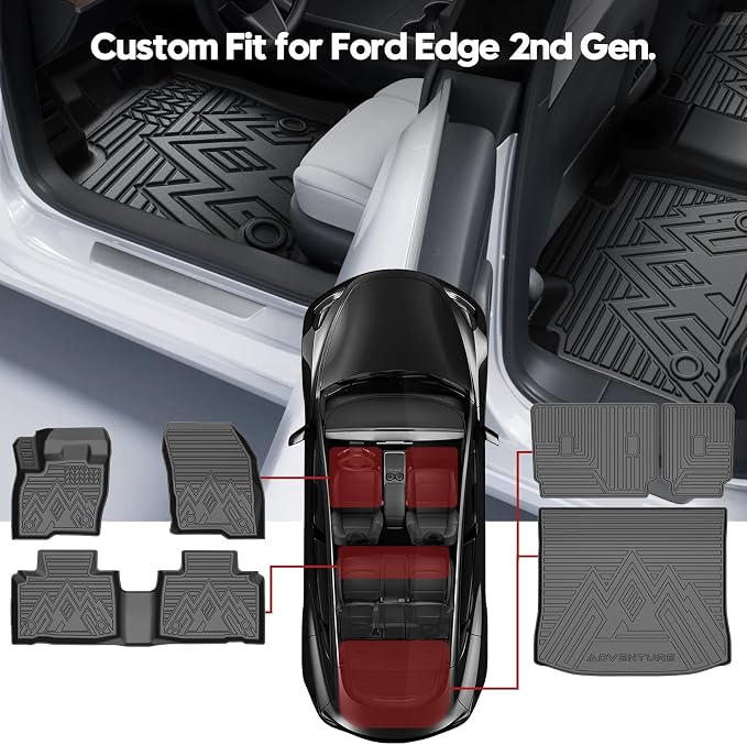 T TGBROS Floor Mats for Ford Edge 2015-2026, All Weather Custom Fit TPE Floor Liners with Cargo Liner & Back Seat Protectors, Full Set 6PCS - Image 2