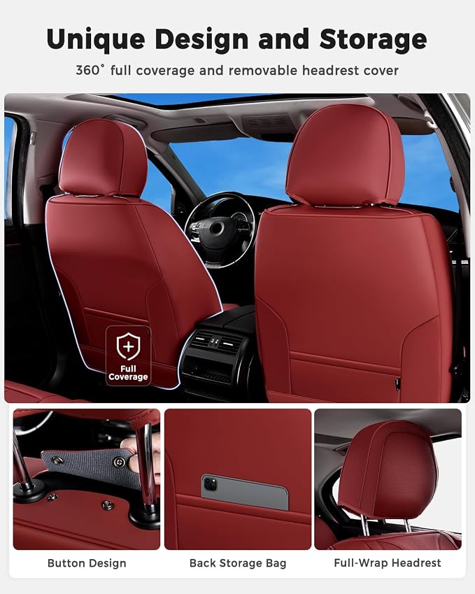 Huidasource Red Front Seat Cover Luxury Nappa Leather, Front Car Seat Cover with Airbag, Front Storage Pocket, Lumbar Support, Cooling＆Heating, Seat Covers Universal Fit for Most Cars SUV Trucks, Red - Image 4