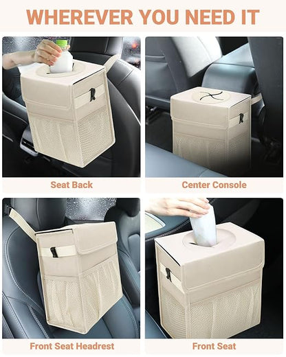 Capolo Car Trash Can with Lid, Leakproof Car Garbage Can Car Trash Bag | Waterproof, Trash Can for Car, 3 Mesh Pockets, Mini Hanging Vehicle Car Trash Bin, for Back/Front Seat (Beige,3 Gal) - Image 6