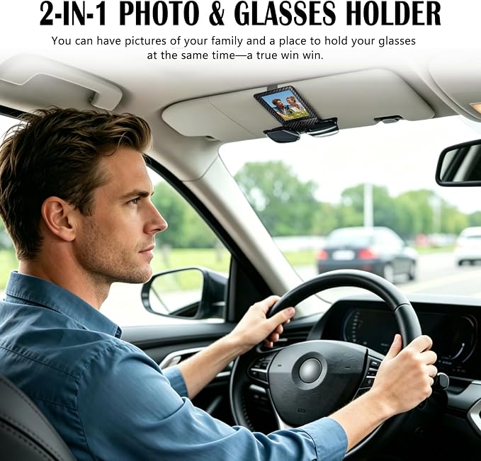 Magnetic 2-in-1 Sunglass & Photo Holder for Car Visor, Leather Anti-Slip No-Fall No-Slide, Fits SUV Truck RV - Image 2