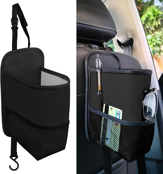 2-in-1 Large Cup Holder, Car Water Bottle Holder, 80 oz Waterproof Leather Car Seat Side Organizer, Multifunctional Seat Side Storage Hanging Bag with Mesh Pocket Fit for Most Vehicles (Black) by QZTYTY