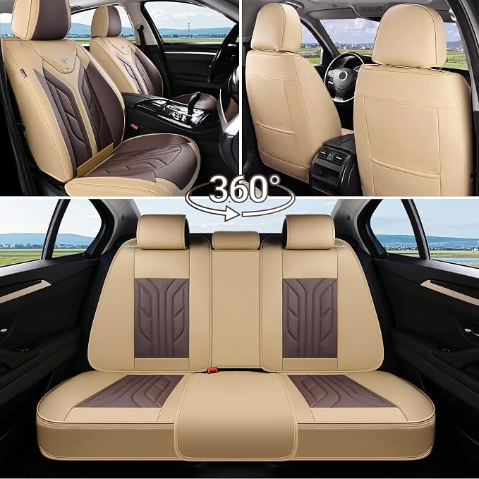 Coverado Car Seat Covers Full Set, Automotive Seat Covers Car Seat Protector Car Seat Cushion, Waterproof Leather Seat Covers for Cars, Universal Fit for Most Sedans SUV Pick-up Truck(Beige&Coffee) - Image 7