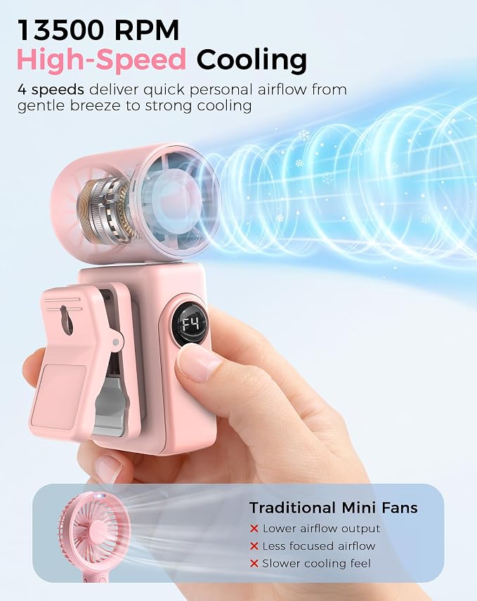 Hotsales Clip-On Portable Fan 2-Pack, 13500 RPM High-Speed Rechargeable Handheld Mini Fan, LED Display, 360° Rotating Detachable Clip, Stroller Fan for Baby, Travel Essentials, Gifts for Women & Men - Image 3
