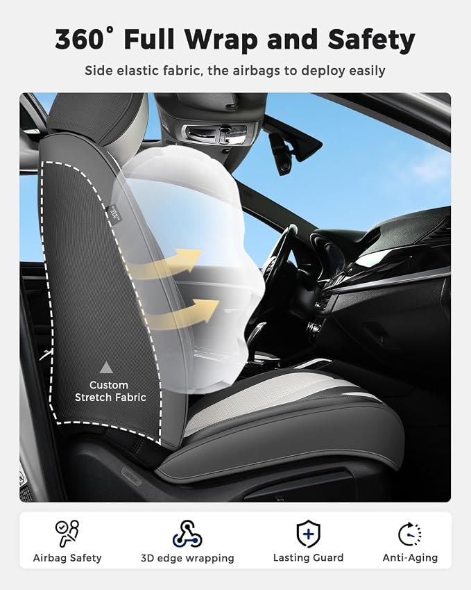 Huidasource Universal Car Seat Covers, Waterproof Faux Leather, Airbag Compatible, Easy Install, Preserve Cup Holders and Seat Functions, Great for Daily & Outdoor Use, Gray & White - Image 4