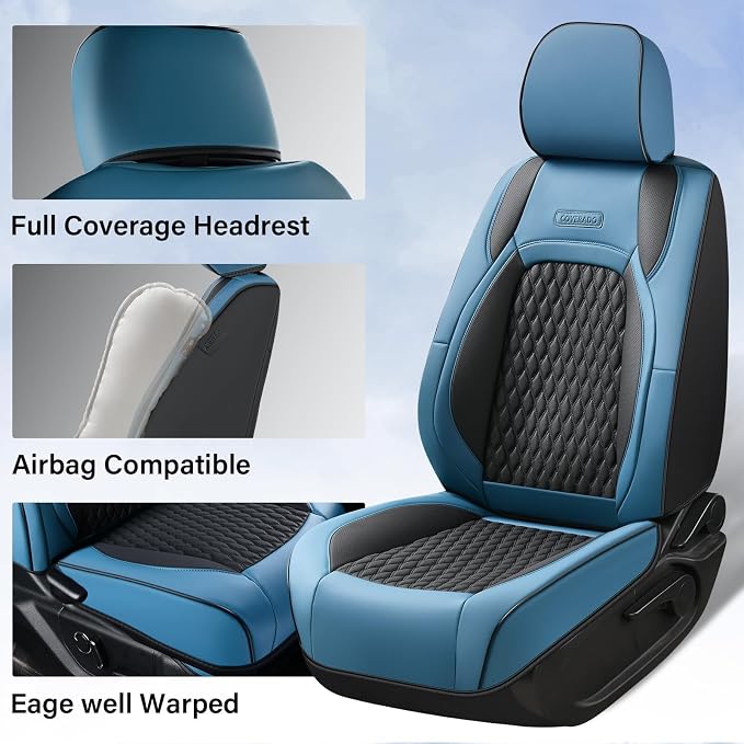 Coverado Chevy Chevrolet Silverado GMC Sierra Seat Covers Full Set, Fit for 2007-2013 & 2019-2026 1500, 2020-2026 2500HD 3500HD Crew Double Extended Cab, Faux Waterproof Leather Seat Covers (Blue) - Image 4