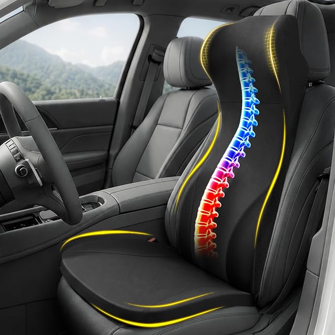 Allaboutsla 2 Piece Car Seat Cushion, Back Support with Car Headrest Pillow | 3-in-1 Memory Foam Car Seat Cushions, Car Lumbar Support with Car Neck Pillow, Seat Support for Long Driving, Trucks, Black by Allaboutsla