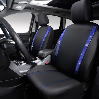 CAR PASS Leather Diamond Bling Car Seat Covers 2 Front Interior Sets, Waterproof Universal Shining Glitter Crystal Sparkle Fit for 95% Automotive Truck SUV Cute Women Girl, Black Blue Rhinestone - Image 4