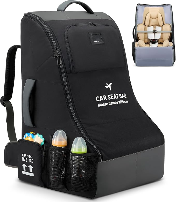 RAINSMORE Padded Car Seat Travel Bag for Airplane Car Seat Backpack, Black | Fits Infant Carrier & Boosters, Heavy-Duty Car Seat Cover for Air Travel Gate Check Carrier Bags for Airport with Side Pocket by RAINSMORE