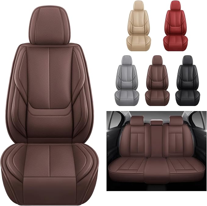 MINGBRON Car Seat Covers Full Set, Car Seat Cover Lumbar Support, Car Seat Protector Waterproof, Nappa Leather Car Seat Cushion, Front Seats and Back Fit for Most Cars Brown - Image 5
