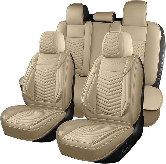 HChengkikz Nappa Leather Car Seat Covers Full Set, Beige Car seat Protector 5 Seats, Waterproof Car Seat Cushion, Universal Automotive Seat Covers Fit for SUV Truck Pick-up Sedan, Front and Rear | Easy Maintenance, Airbag Compatible, Universal Fit For ... by HChengkikz