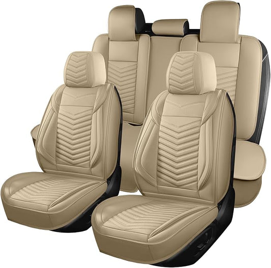 HChengkikz Nappa Leather Car Seat Covers Full Set, Beige Car seat Protector 5 Seats, Waterproof Car Seat Cushion, Universal Automotive Seat Covers Fit for SUV Truck Pick-up Sedan, Front and Rear | Easy Maintenance, Airbag Compatible, Universal Fit For ... by HChengkikz