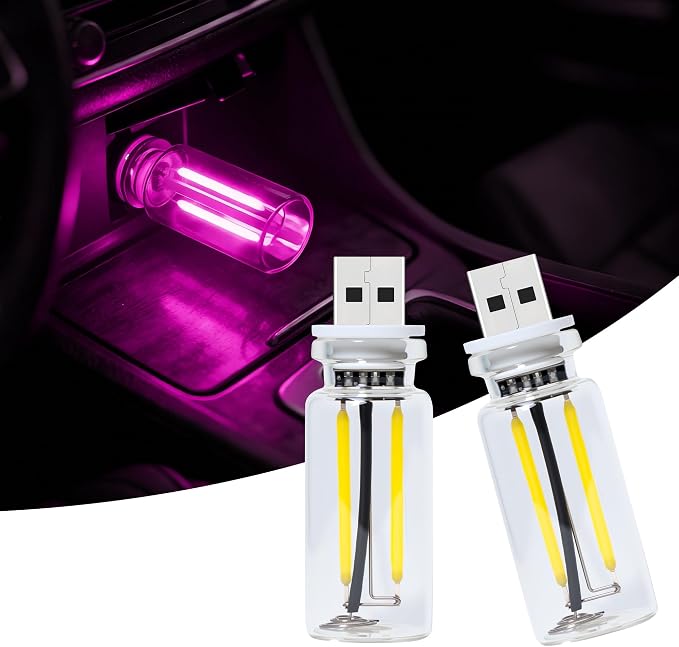 2 Packs USB Light for Car, Touch Dimmable Car Interior Ambient Lights - Portable Mini USB LED Light Bulb, Retro Glass Bottle Night Light for Vehicle, Bedroom, Hallway, Camping(Pink) by LIGREL
