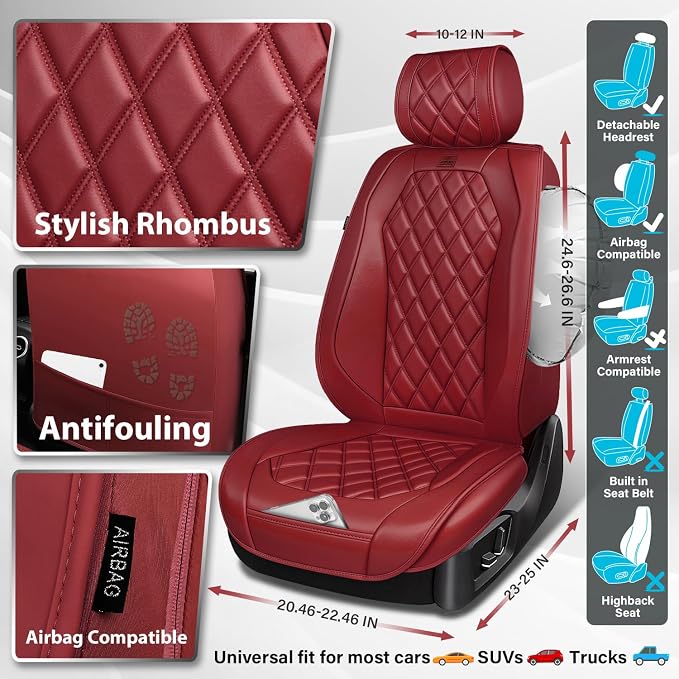 CAR PASS Luxury Nappa Leather Seat Covers Full Set, 3D Rhombus Waterproof Faux Leather Seat Covers, Premium Automotive Seat Cushion Universal Fit for Sedan SUV Truck Van,Airbag Compatible Burgundy Red - Image 3