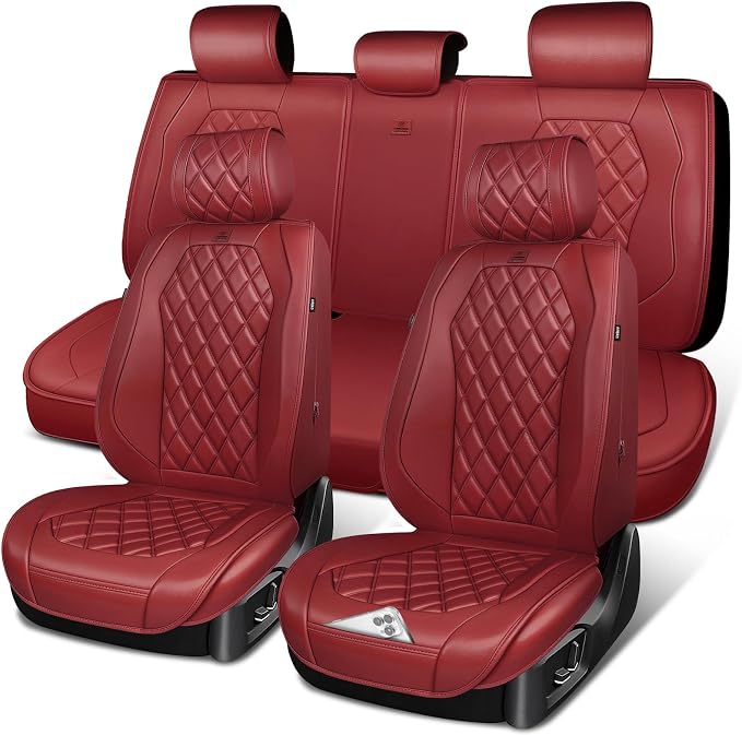 CAR PASS Luxury Nappa Leather Seat Covers Full Set, 3D Rhombus Waterproof Faux Leather Seat Covers, Premium Automotive Seat Cushion Universal Fit for Sedan SUV Truck Van,Airbag Compatible Burgundy Red by CARPASS