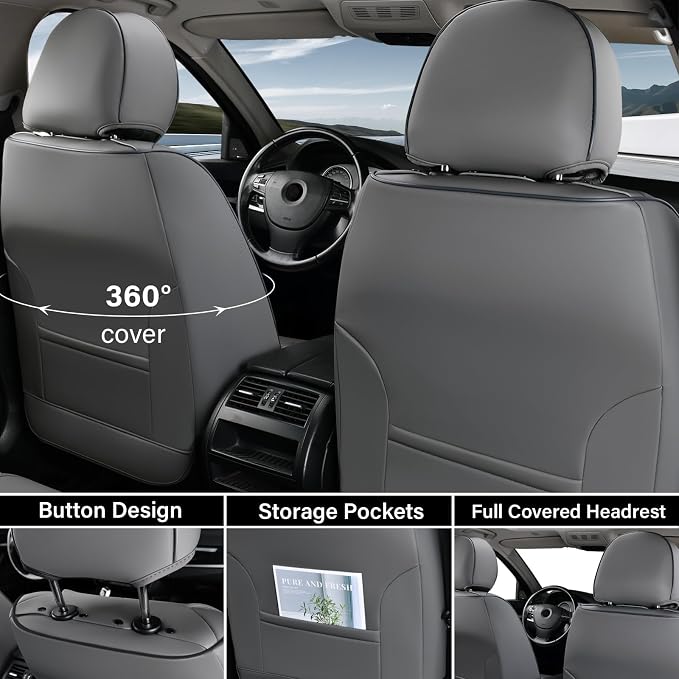 Coverado Car Seat Covers Full Set, Gray Seat Covers for Cars, Waterproof Nappa Leather Automotive Seat Covers with Lumbar Head Pillow, Car Seat Protectors, Universal Fit for Most Cars SUV - Image 3