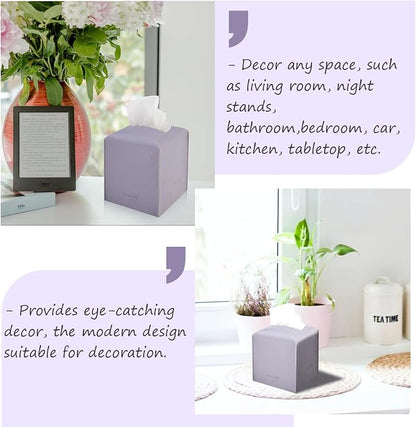 Tissue Box Cover 5X5X5'' PU Leather Tissue Holder Square Tissue Cube Box Organizer for Bathroom Vanity Countertop, Car, Night Stands, Office, Home, Kitchen (2Pack, Light Bray Purple) - Image 4