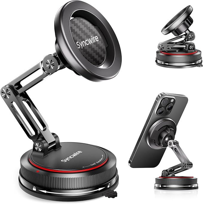 SYNCWIRE for MagSafe Car Mount [3-Axis] Nano Adhesive Gel + Strong Suction Cup Magnetic Phone Holder for Dashboard & Windshield, 360° Adjustable for iPhone 17 16 15 14 13 12, Samsung, Carbon Fiber by SYNCWIRE