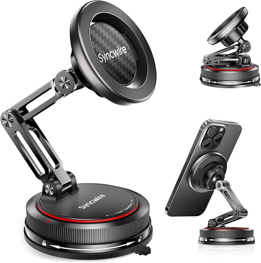 SYNCWIRE for MagSafe Car Mount [3-Axis] Nano Adhesive Gel + Strong Suction Cup Magnetic Phone Holder for Dashboard & Windshield, 360° Adjustable for iPhone 17 16 15 14 13 12, Samsung, Carbon Fiber by SYNCWIRE