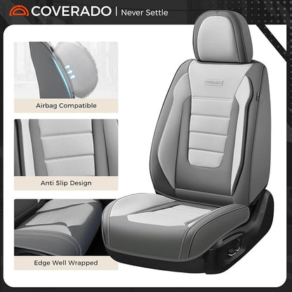 Coverado Car Seat Covers Full Set, Nappa Leather Seat Covers for Cars, Car Seat Protector Car Seat Cushion, Front and Back Seat Protectors Cushions Universal Fit for Most Cars (Gray&Light Gray) - Image 5