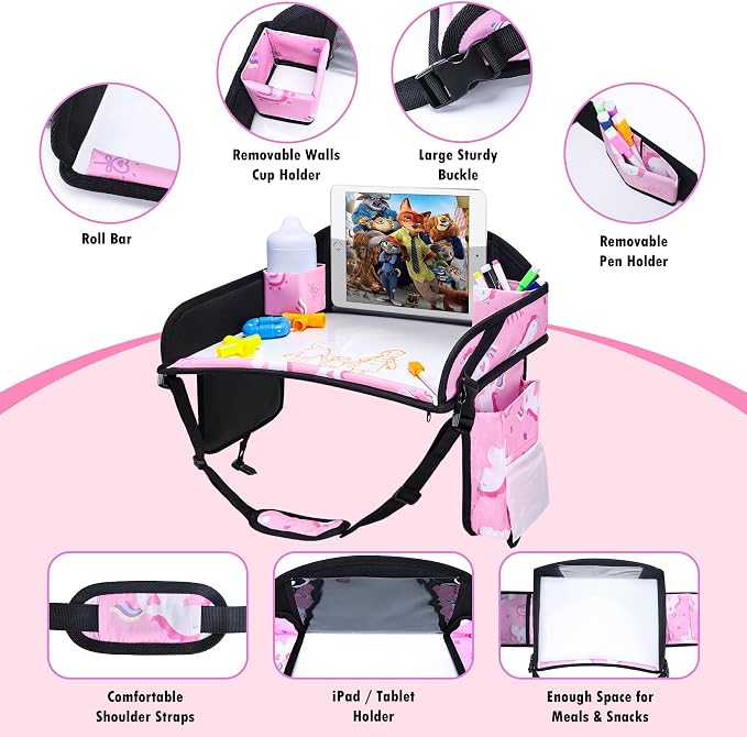 2PCS Kids Travel Tray, Toddler Road Trip Essentials With Drawing Kit | Dry Erase Board, iPad Holder Stand, Adjustable Straps to Prevent Shaking, Multi-Pockets, Portable - Image 10