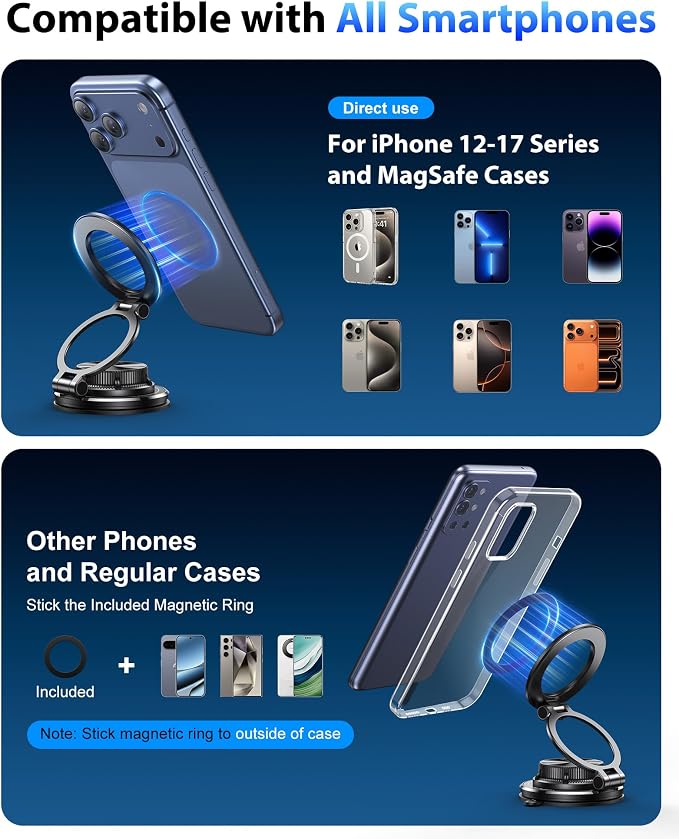 for MagSafe Car Mount [95LBS Max Suction & 2400gf Strong Magnet] | Ultra-Thin 360° Adjustable Vacuum Magnetic Car Cell Phone Holder [All-Metal] for iPhone 17-12 Pro Max & Android - Image 8
