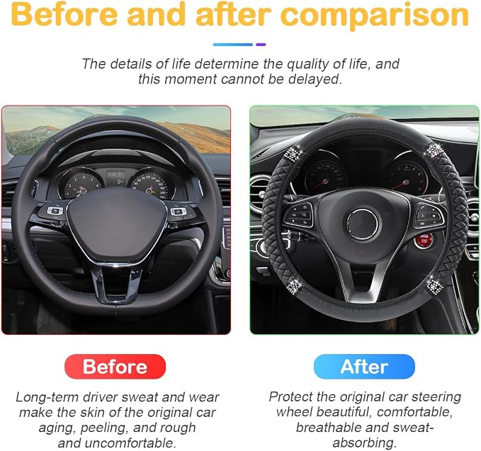 Osilly 15 Inch Rhinestone Leather Steering Wheel Cover, Black | breathable non-slip surface, flexible ringless design, hand-stretch setup, fits matching rim sizes, automotive accessories - Image 5