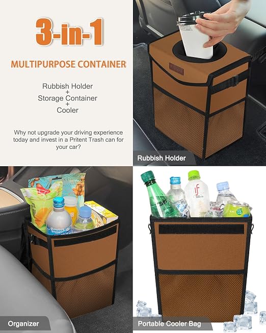Pritent Car Trash Can with Lid Leakproof Car Garbage Bag Vehicle Trash Bin | Hanging Automotive Garbage Can,Multipurpose Car Accessories for Women Men Interior Car Storage Organizer(2 Gal,Brown) - Image 5