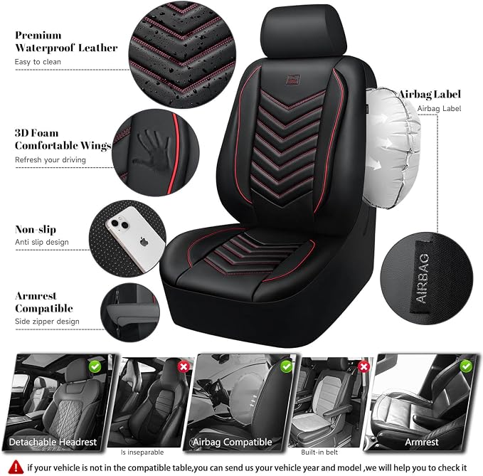 CAR PASS 3D Foam Faux Leather Seat Covers Full Set, Red Waterproof Leather Seat Cover for Cars,Luxury Universal Fit for SUV Truck Sedan Automotive,Armrest Airbag Compatible Anti-Slip,Black and Red - Image 3