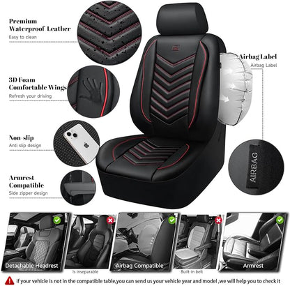 CAR PASS 3D Foam Faux Leather Seat Covers Full Set, Red Waterproof Leather Seat Cover for Cars,Luxury Universal Fit for SUV Truck Sedan Automotive,Armrest Airbag Compatible Anti-Slip,Black and Red - Image 3