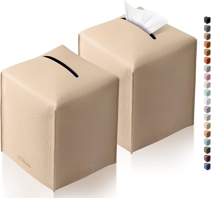 Tissue Box Cover, Tclouda, Modern PU Leather Square Tissue Box Holder for Creative Decorative, 2 Pack, Ideal for Bathrooms/Office/Car/Nightstand/Outdoor Tent/Dining Table, 5"X5"X5", Double Beige by Tclouda