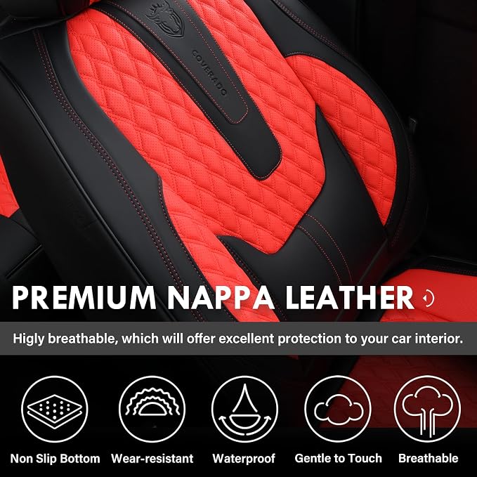 Coverado Car Seat Covers Full Set, 5 Seat Leather Seat Covers for Cars, Car Seat Protector with Lumbar Support, Waterproof Seat Covers Universal Fit for Most Cars SUV Trucks (Red&Black) - Image 6