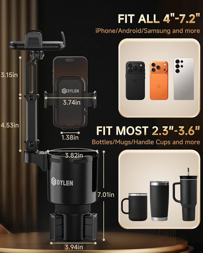 DYLEN Cup Holder Phone Holder for Car, 2 in 1 Cup Holder Phone Mount | Long-Arm Supports 360° Rotation, Adjustable Base, Car Phone Holder Compatible with All Cell Phones| Anti-Slip&No Shake Design - Image 5