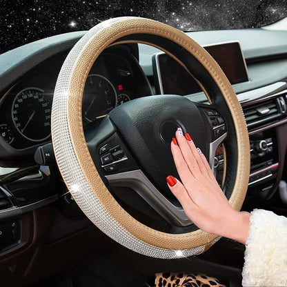 New Diamond Leather Steering Wheel Cover with Bling Crystal Rhinestones | Universal Fit 15 Inch Car Wheel Protector for Women Girls Gold - Image 2