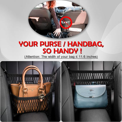 Car Organizer Between Front Seats, Purse Holder, Dog Barrier, Mesh Net Bag | AMEIQ Car Accessories, 3 Layers Net 2 Pockets Storage Bag, Purse Handbag Holder, Backseat Kid Pet Barrier, Black, Patented - Image 2