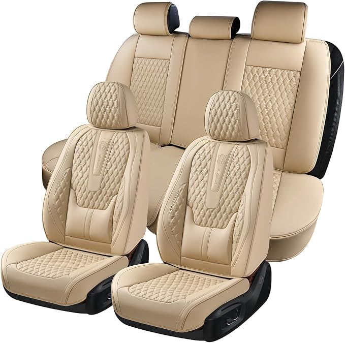 Coverado Car Seat Covers Full Set, Nappa Leather Seat Covers for Car, Waterproof Car Seat Protector with Lumbar Support, Automotive Seat Covers Universal Fit for Most Cars SUV Trucks (Beige) by COVERADOAUTO