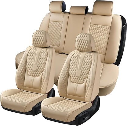 Coverado Car Seat Covers Full Set, Nappa Leather Seat Covers for Car, Waterproof Car Seat Protector with Lumbar Support, Automotive Seat Covers Universal Fit for Most Cars SUV Trucks (Beige) by COVERADOAUTO