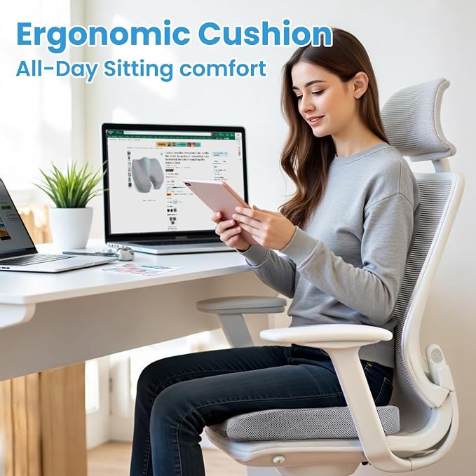 Memory Foam Office Chair Seat Cushion - Light Grey, Large | for Car Seat, Airplane, Desk Chair - Sciatica & Hip & Coccyx Pain Relief Cushion for Long Sitting Office Workers, Car Drivers - Image 7