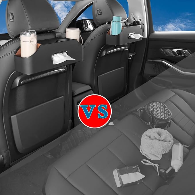 HOLDCY Car Back Seat Organizer with 2 Cup Holders, Tissue Storage, Black | Rigid ABS Frame With Pu Leather, Dual Hooks And Tool-Free Mounting For Cars, Suvs And Trucks With Separate Headrest Posts - Image 3
