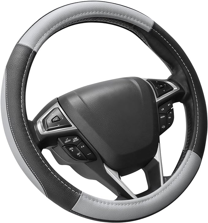 SEG Direct Black and Gray Microfiber Auto Car Steering Wheel Cover Universal 15 inch | Universal Medium Standard Size 37-39cm for Car Truck SUV, Microfiber Leather, Anti-Slip Comfortable Grip, Black and Gray - Image 9