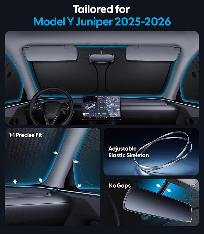 Wigoo 2026 8PC Full Set Window Sunshade for Tesla Model Y Juniper 2025-2026 | 7-Layer Cooler & Blacker, Ice-Crystal Tech, Full Set Shades With Windshield for Sun Block, Camping Accessories - Image 5
