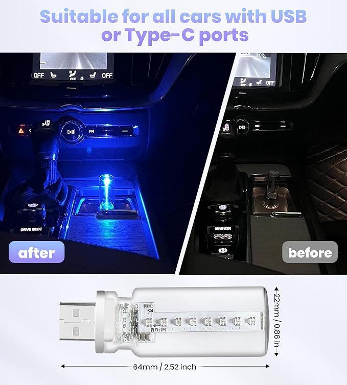 KENANEK 2PCS USB Car Interior Ambient Light, Touch Control LED Mood Lights, Dimmable 7 Colors, Portable Mini USB Light for Car, Bedroom, Camping & Party (Clear LED) - Image 3