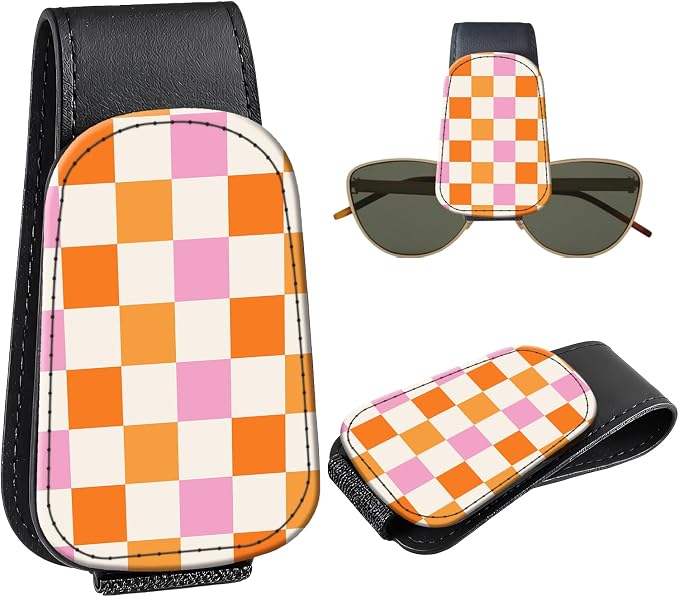 Leather Magnetic Sunglass Holder for Car Sun Visor, Cute Eyeglass Ticket Card Hanger Clip, Universal Auto Interior Accessories for SUV Pickup Truck, Orange Checkered by Unknown