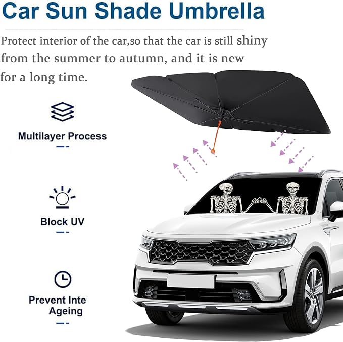 Socira Funny Skull Car Sun Shade Windshield Sunshade Umbrella Foldable | Gothic Umbrella Sun Shade Sunshade Front Window Cover Skull Car Accessories Blocks Uv Rays 57" X 30" - Image 4