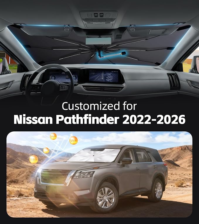 Windshield Sun Shade for Nissan Pathfinder 2022-2026, 360° Rotating Shaft | Custom Fit Umbrella Sunshade for UV Blocking, Interior Heat Protection, Easy Storage, UPF 50+ Cool Windshield Cover - Image 2