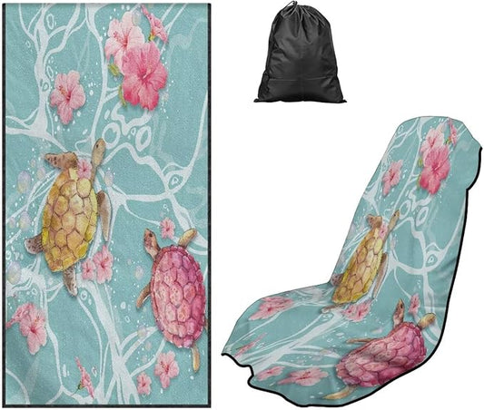 Hibiscus Print Car Seat Towel Covers Front Seats Sea Turtle Print Seat Shield for SUV Truck Sedan Quick-Dry Athletic Towels for Car Seats with Storage Bag by Baxinh