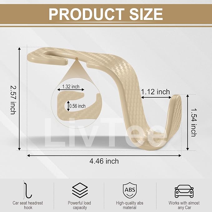 LivTee Car Purse Hook, Headrest Hook for Car, 4 Pack Universal Auto Car Seat Headrest Hook Hangers Organizer for Purse Coat Umbrellas Grocery Bags Handbag, Car Accessories - Carbon Fiber Beige - Image 3