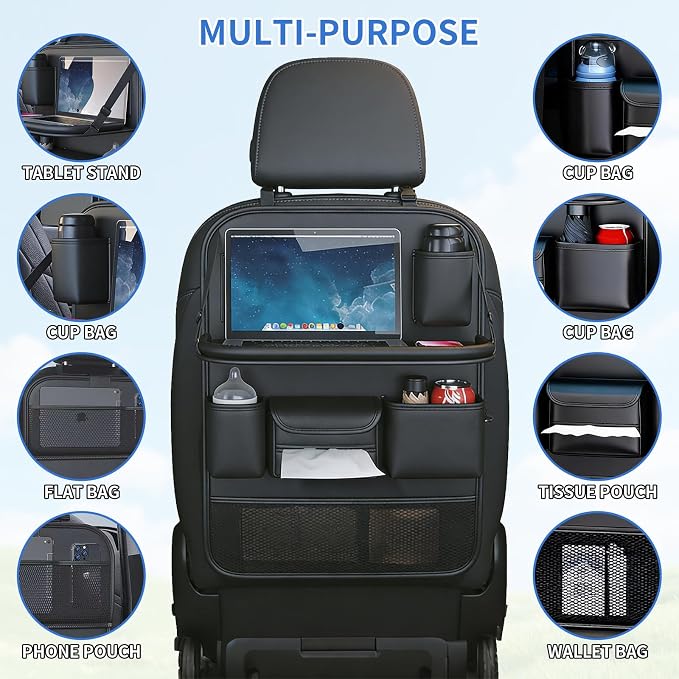 Car Seat Back Organizer with Foldable Tray, Car Seat Back Protector, Premium Leather Kick Mats, Multiple Storage Pockets, Travel Accessories for SUV Truck (Long) - Image 4